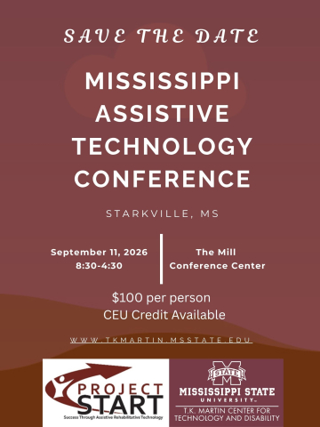 Mississippi Assistive Technology Conference | Starkville, MS
September 11, 2026 | 8:30 am - 4:30 pm | The Mill Conference Center $100 to register